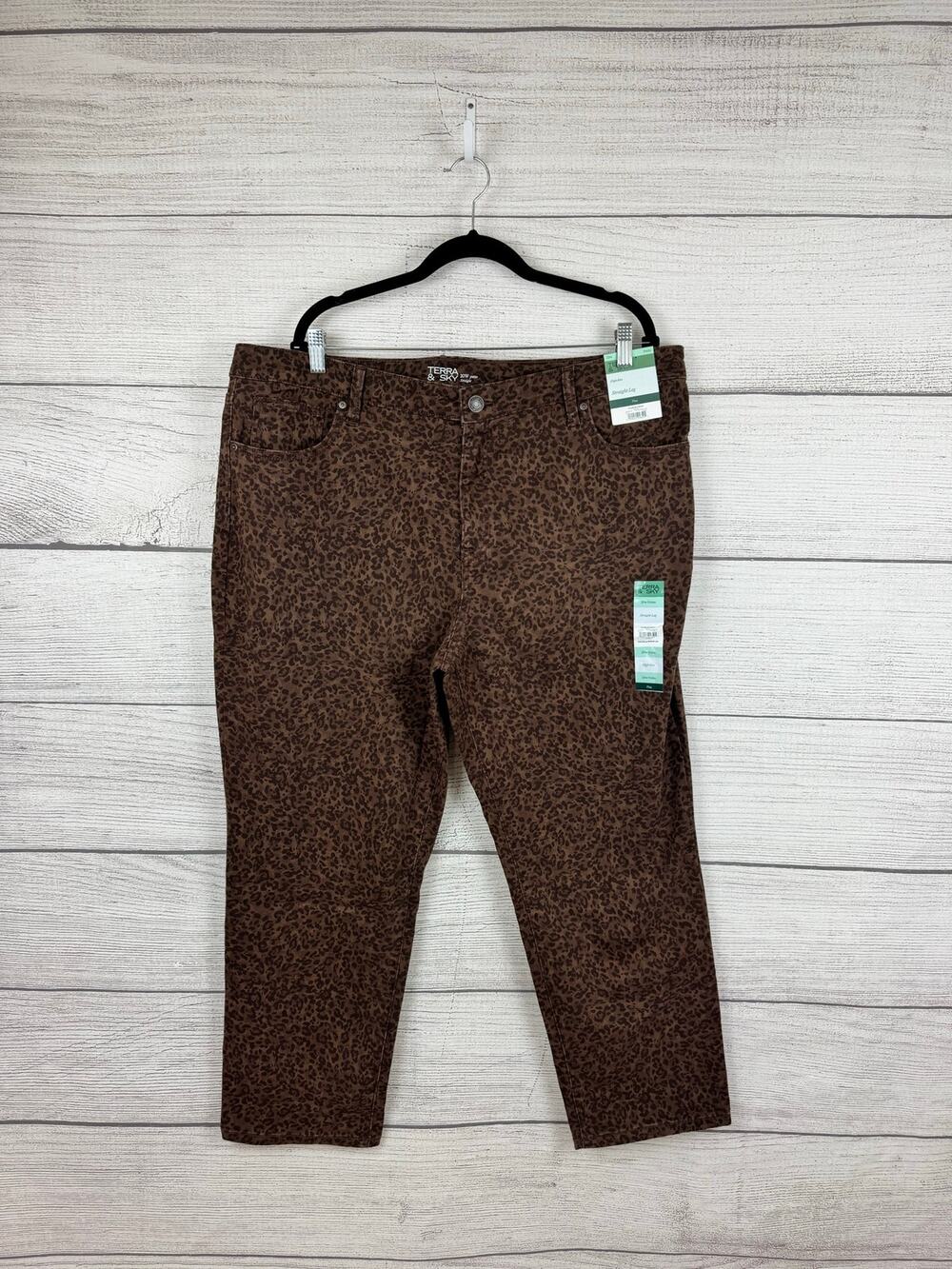 Terra & Sky Plus Size Brown Cheetah High Rise Straight Leg Jeans Size 20W Petite